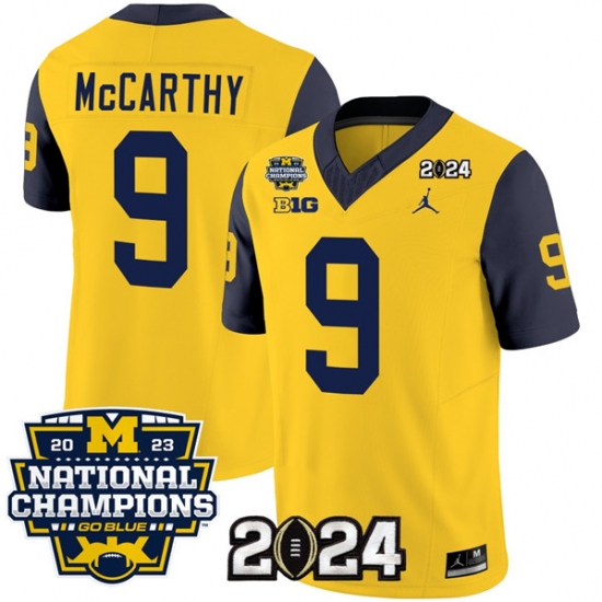 Men's Michigan Wolverines #9 J.J. McCarthy Yellow Navy 2024 F.U.S.E. With 2023 National Champions Stitched Jersey - Ujersey