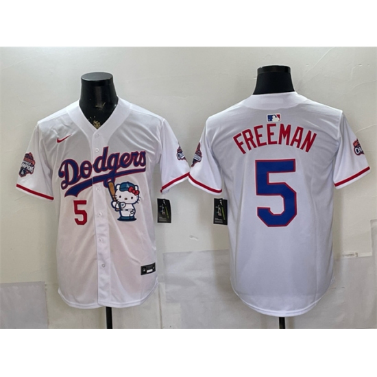 Men's Los Angeles Dodgers #5 Freddie Freeman White Hello Kitty Night 2025 World Series Champions Stitched Baseball Jersey - Ujersey