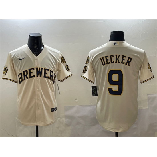 Men's Milwaukee Brewers #9 Bob Uecker Cream With Home Stitched Baseball Jersey - Ujersey