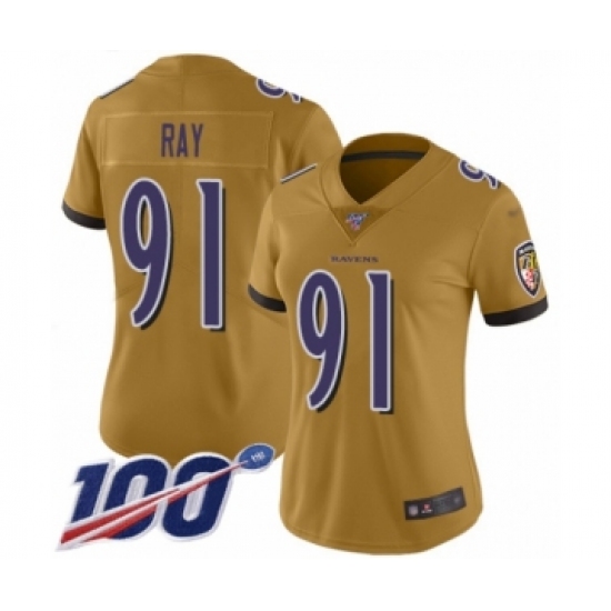 Women's Baltimore Ravens #91 Shane Ray Limited Gold Inverted Legend 100th Season Football Jersey - Ujersey