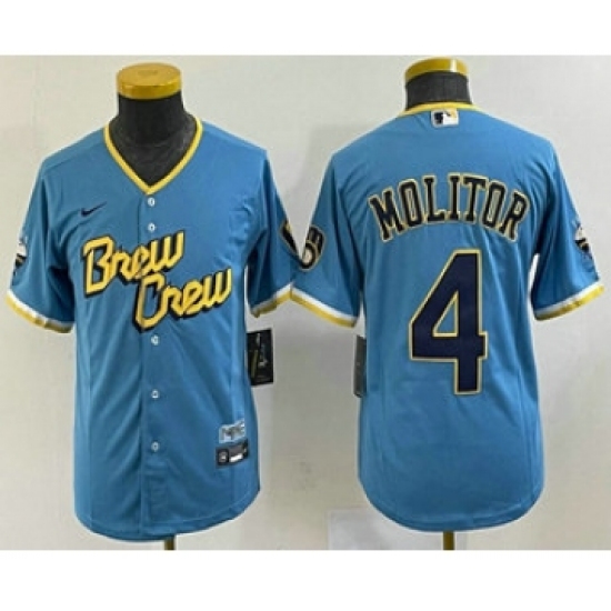 Youth Milwaukee Brewers #4 Paul Molitor Blue 2022 City Connect Cool Base Stitched Jersey - Ujersey