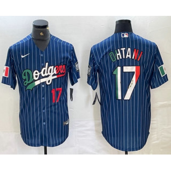 Men's Los Angeles Dodgers #17 Shohei Ohtani Number Mexico Blue Pinstripe Cool Base Stitched Jersey - Ujersey
