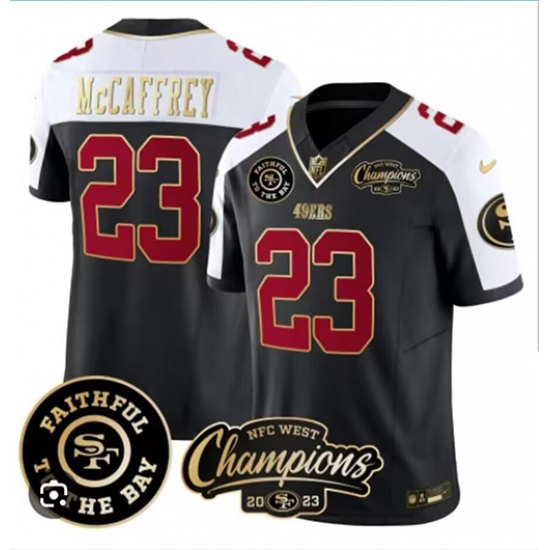 Men San Francisco 49ers #23 Christian McCaffrey White Balck 2023 F U S E With 3 Star C Patch And Faithful To The Bay Patch Stitched Football Jersey - Ujersey