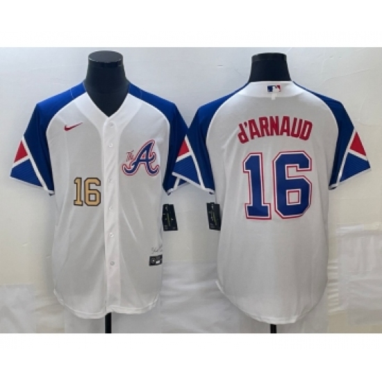 Men's Atlanta Braves #16 Travis dArnaud Number White 2023 City Connect Cool Base Stitched Jerseys