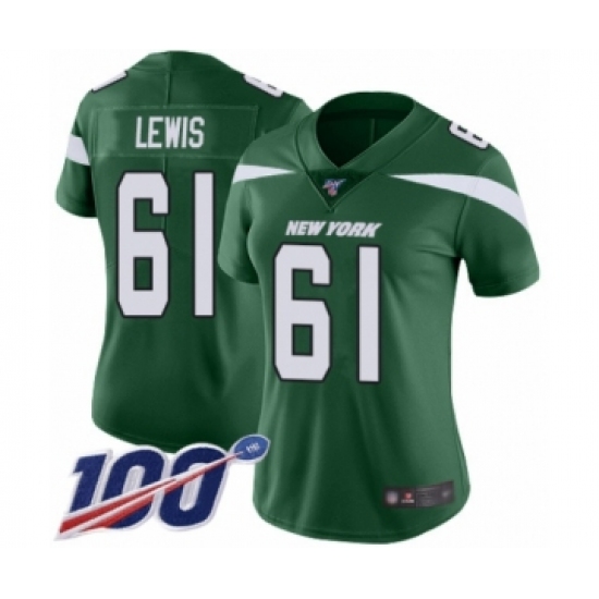 Women's New York Jets #61 Alex Lewis Green Team Color Vapor Untouchable Limited Player 100th Season Football Jersey - Ujersey