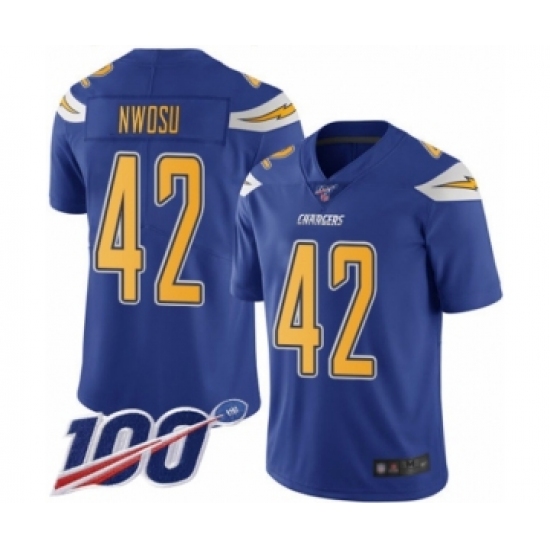 Men's Los Angeles Chargers #42 Uchenna Nwosu Limited Electric Blue Rush Vapor Untouchable 100th Season Football Jersey - Ujersey