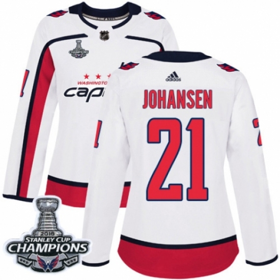 Women's Adidas Washington Capitals #21 Lucas Johansen Authentic White Away 2018 Stanley Cup Final Champions NHL Jersey - Ujersey