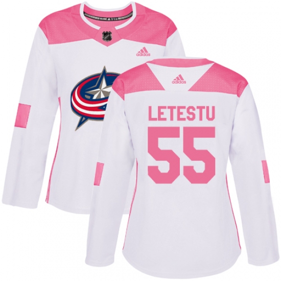 Women's Adidas Columbus Blue Jackets #55 Mark Letestu Authentic White Pink Fashion NHL Jersey - Ujersey