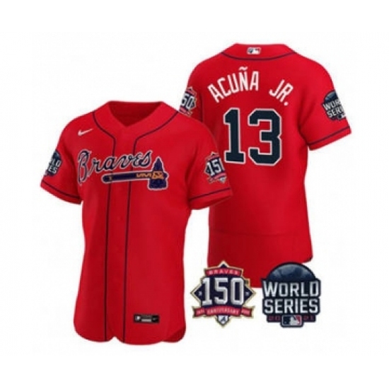 Men's Atlanta Braves #13 Ronald Acuna Jr. 2021 Red World Series Flex Base With 150th Anniversary Patch Baseball Jersey - Ujersey