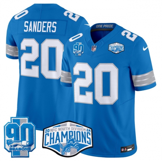 Men's Detroit Lions #20 Barry Sanders Blue 2024 NFC North Champions 90th Anniversary F.U.S.E. Vapor Limited Stitched Jersey - Ujersey