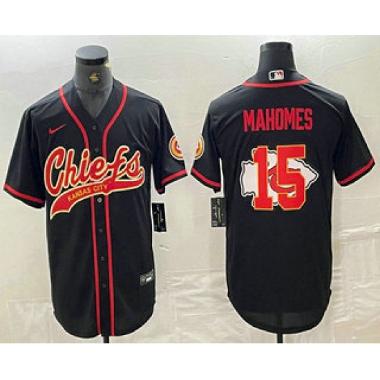 Men's Kansas City Chiefs #15 Patrick Mahomes Black Team Big Logo With Cool Base Stitched Baseball Jersey - Ujersey