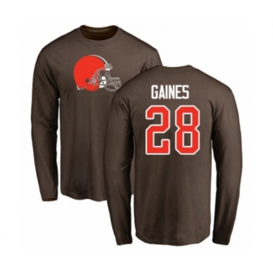 Football Cleveland Browns #28 Phillip Gaines Brown Name & Number Logo Long Sleeve T-Shirt - Ujersey NHL
