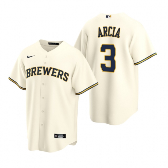 Men's Nike Milwaukee Brewers #3 Orlando Arcia Cream Home Stitched Baseball Jersey - Ujersey