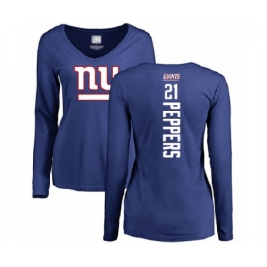 Football Women's New York Giants #21 Jabrill Peppers Royal Blue Backer Long Sleeve T-Shirt - Ujersey