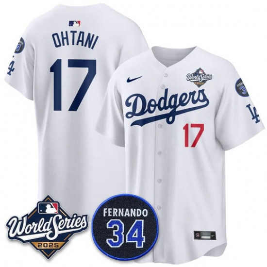 Men's Los Angeles Dodgers #17 Shohei Ohtani White 2025 World Series With No. 34 Limited Stitched Jersey - Ujersey