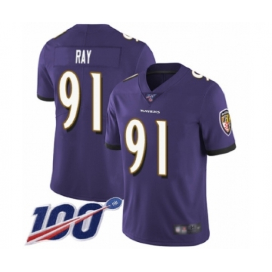 Men's Baltimore Ravens #91 Shane Ray Purple Team Color Vapor Untouchable Limited Player 100th Season Football Jersey