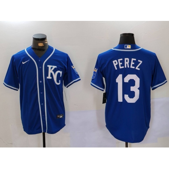 Men's Kansas City Royals #13 Salvador Perez Blue KC Cool Base Stitched Jersey - Ujersey