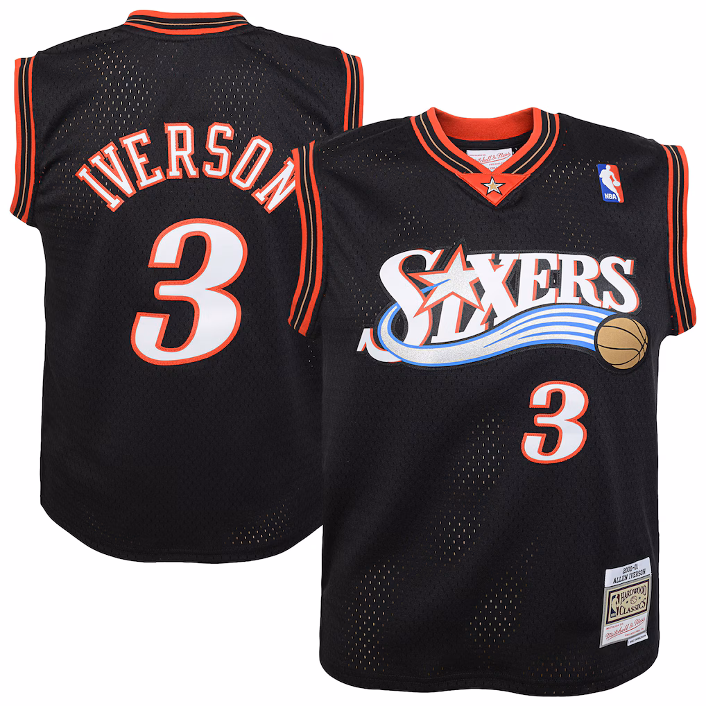 Youth Philadelphia 76ers Allen Iverson Mitchell & Ness Black 2000-01 Swingman Road Jersey - ujerseystore