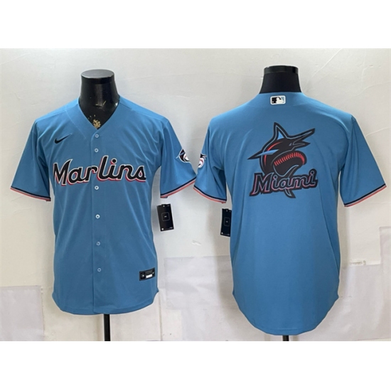 Men's Miami Marlins Blue Team Big Logo Cool Base Stitched Baseball Jersey - Ujersey
