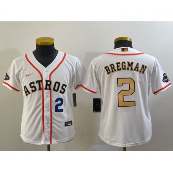 Youth Houston Astros #2 Alex Bregman Number 2023 White Gold World Serise Champions Cool Base Stitched Jersey1 - Ujersey