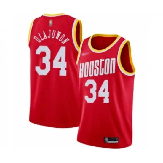 Men's Houston Rockets #34 Hakeem Olajuwon Authentic Red Hardwood Classics Finished Basketball JerseyMen's Houston Rockets #34 Hakeem Olajuwon Authentic Red - Ujersey