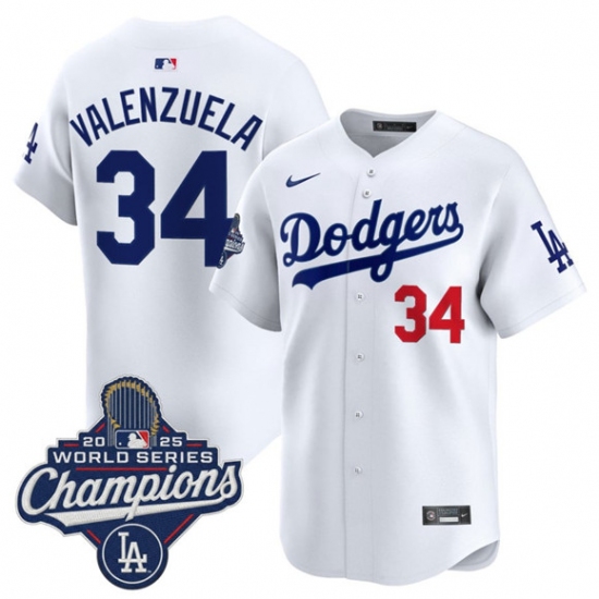 Men's Los Angeles Dodgers #34 Fernando Valenzuela White 2025 Champions Stitched Baseball Jersey - Ujersey