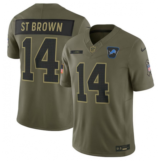 Men's Detroit Lions #14 Amon-Ra St. Brown Olive 2025 Salute to Service Limited Football Stitched Jersey - Ujersey