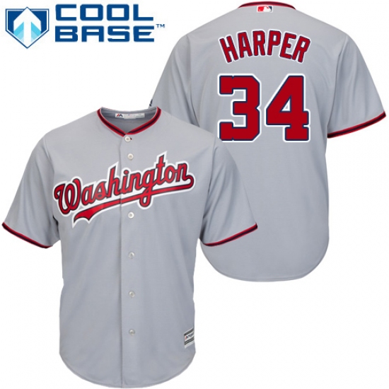 Youth Majestic Washington Nationals #34 Bryce Harper Authentic Grey Road Cool Base MLB Jersey - Ujersey