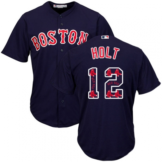 Men's Majestic Boston Red Sox #12 Brock Holt Authentic Navy Blue Team Logo Fashion Cool Base MLB Jersey - Ujersey