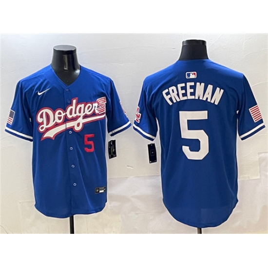 Men's Los Angeles Dodgers #5 Freddie Freeman Royal With American Flag Limited Stitched Baseball Jersey - Ujersey