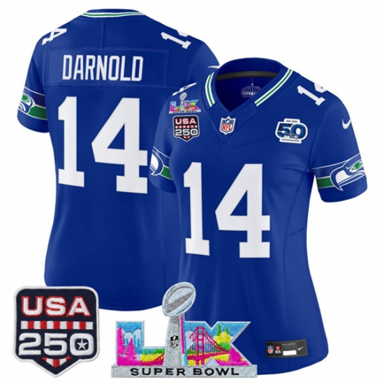 Women's Seattle Seahawks #14 Sam Darnold Royal 2025 F.U.S.E. Super Bowl LX And 50th Season & USA 250 Vapor Throwback Limited Stitched Football Jersey - Ujersey