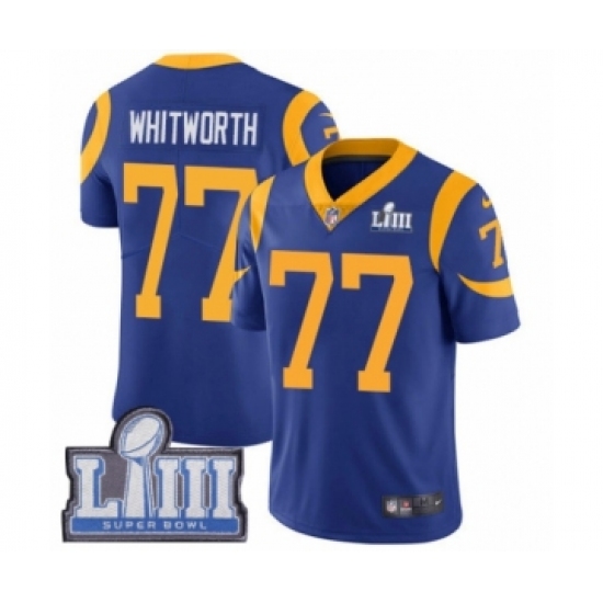 Men's Nike Los Angeles Rams #77 Andrew Whitworth Royal Blue Alternate Vapor Untouchable Limited Player Super Bowl LIII Bound NFL Jersey - Ujersey