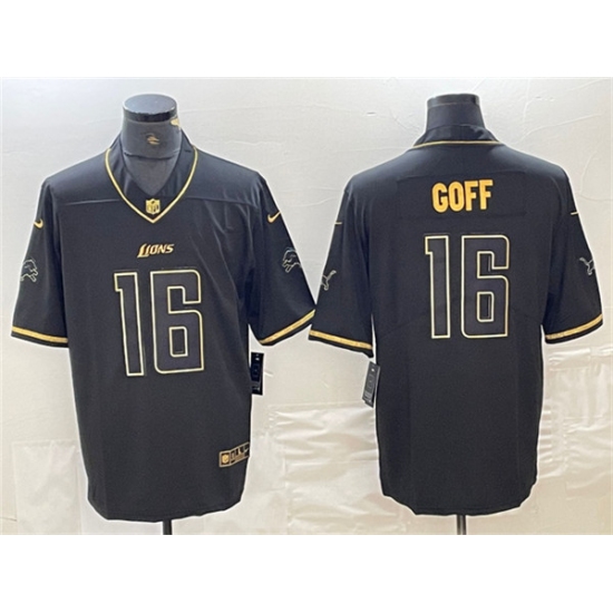 Men's Detroit Lions #16 Jared Goff Black Gold Edition Football Stitched Jersey