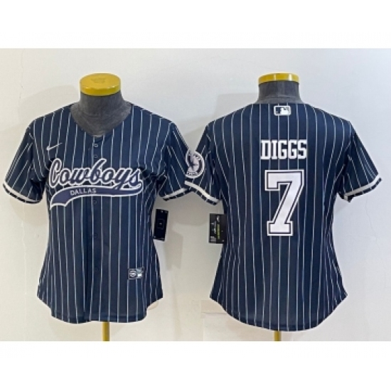 Women's Dallas Cowboys #7 Trevon Diggs Navy Blue Pinstripe With Patch Cool Base Stitched Baseball Jersey - Ujersey