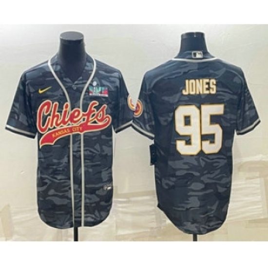 Men's Kansas City Chiefs #95 Chris Jones Grey Camo With Super Bowl LVII Patch Cool Base Stitched Baseball Jersey - Ujersey