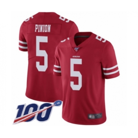 Youth San Francisco 49ers #5 Bradley Pinion Red Team Color Vapor Untouchable Limited Player 100th Season Football Jersey - Ujersey