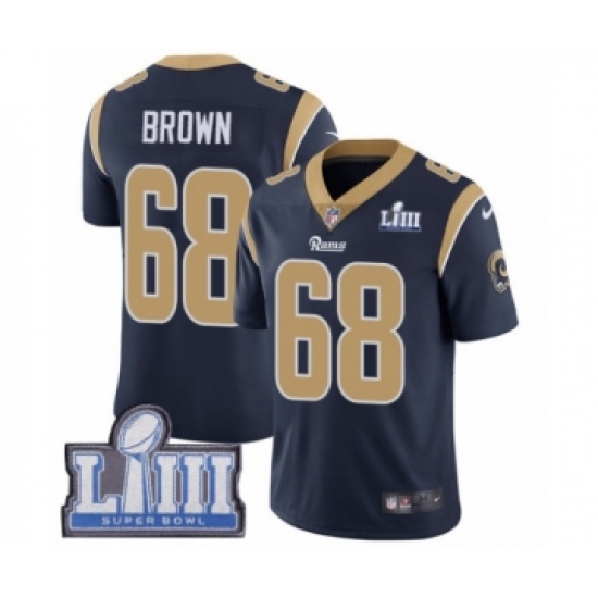 Men's Nike Los Angeles Rams #68 Jamon Brown Navy Blue Team Color Vapor Untouchable Limited Player Super Bowl LIII Bound NFL Jersey - Ujersey
