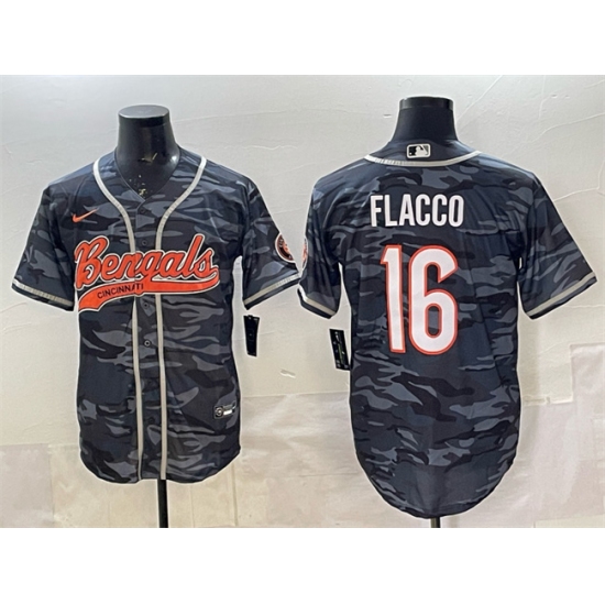 Men's Cincinnati Bengals #16 Joe Flacco Grey Camo With Cool Base Stitched Baseball Jersey - Ujersey