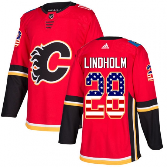 Men's Adidas Calgary Flames #28 Elias Lindholm Red Home Authentic USA Flag Stitched NHL Jersey - Ujersey