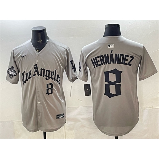 Men's Los Angeles Dodgers #8 Enrique Hernández Grey LA Gothic Style With 2025 World Series Champions Limited Stitched Baseball Jersey - Ujersey