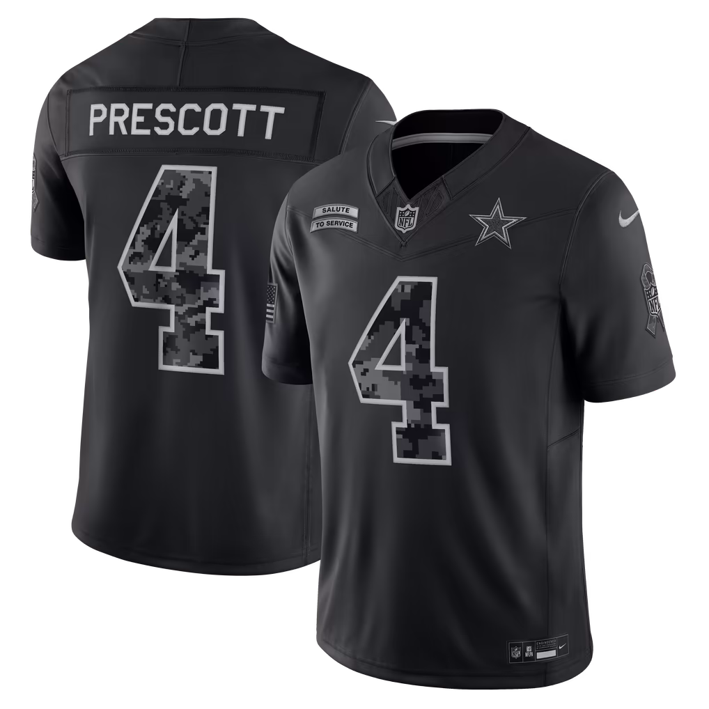 Men's Dallas Cowboys Dak Prescott Nike Black 2026 Salute to Service Stitched Limited Jersey - SUjersey01