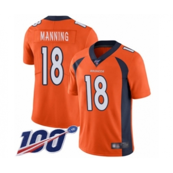 Men's Denver Broncos #18 Peyton Manning Orange Team Color Vapor Untouchable Limited Player 100th Season Football Jersey - Ujersey