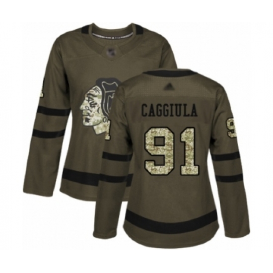 Women's Chicago Blackhawks #91 Drake Caggiula Authentic Green Salute to Service Hockey Jersey - Ujersey