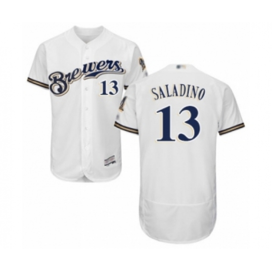 Men's Milwaukee Brewers #13 Tyler Saladino White Alternate Flex Base Authentic Collection Baseball Player Jersey - Ujersey