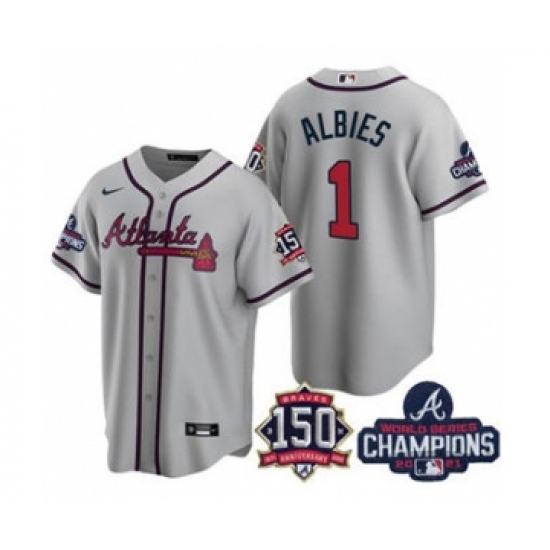 Men's Atlanta Braves #1 Ozzie Albies 2021 Grey World Series Champions With 150th Anniversary Patch Cool Base Stitched Jersey - Ujersey