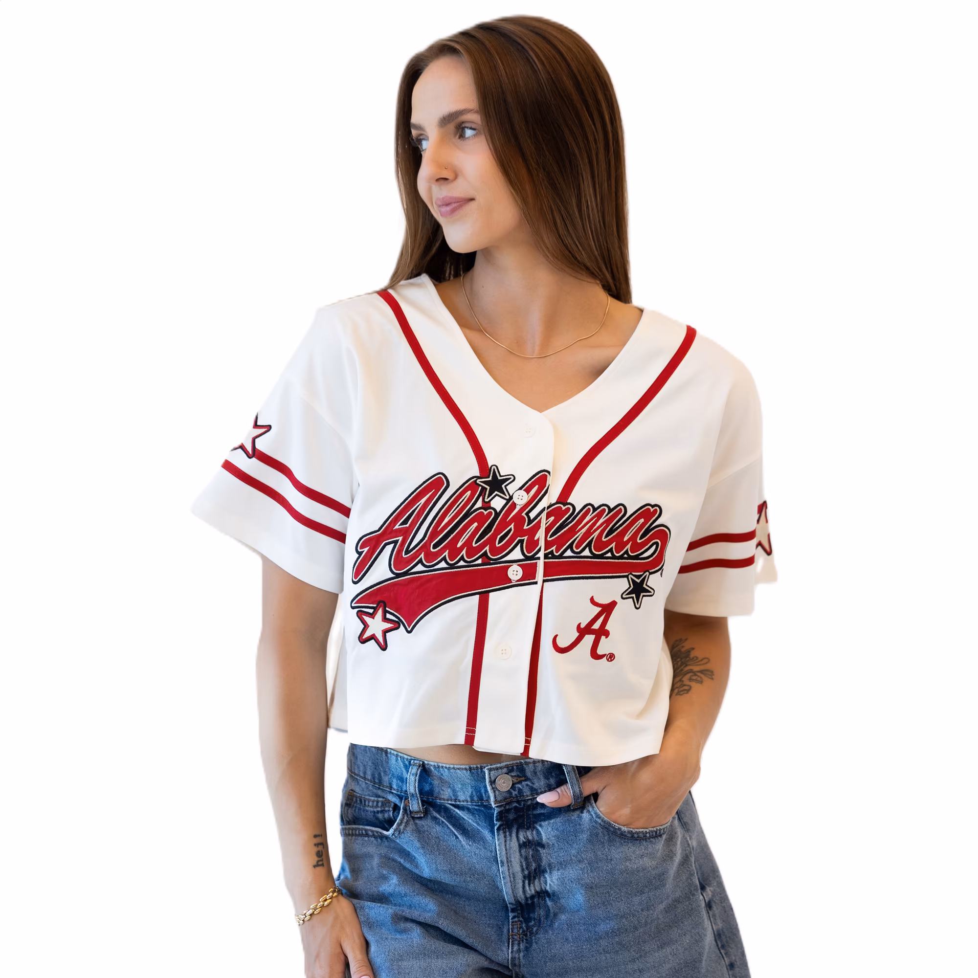 Women's Gameday Social Off White Alabama Crimson Tide Cropped Patch Baseball Fashion Jersey - Ujersey