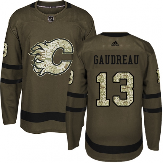 Men's Adidas Calgary Flames #13 Johnny Gaudreau Authentic Green Salute to Service NHL Jersey - Ujersey