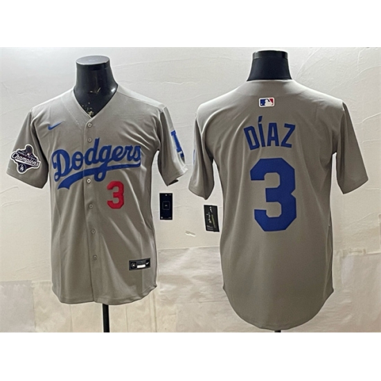Men's Los Angeles Dodgers #3 Edwin Díaz Grey With 2025 World Series Champions Limited Stitched Baseball Jersey - ujerseystore