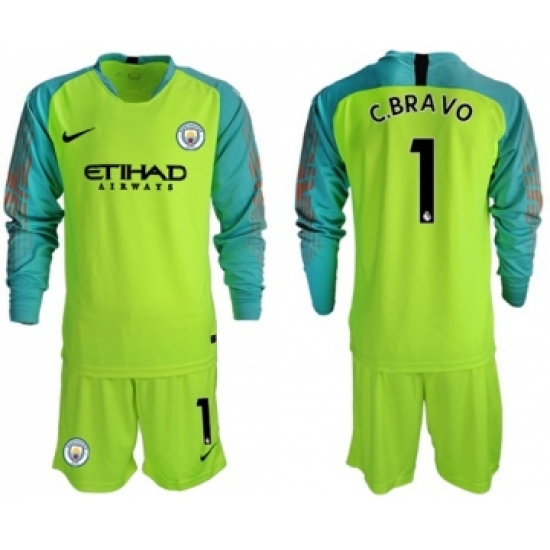Manchester City #1 C.Bravo Shiny Green Goalkeeper Long Sleeves Soccer Club Jersey