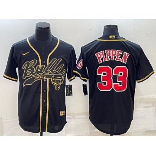 Men's Chicago Bulls #33 Scottie Pippen Black Gold With Patch Cool Base Stitched Baseball Jersey - Ujersey